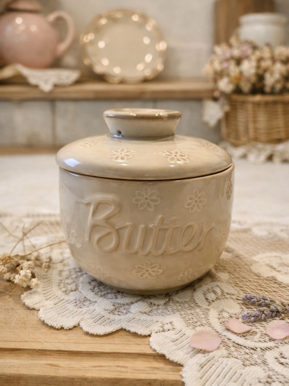 Ceramic Butter Crock - Cream Daisy Design